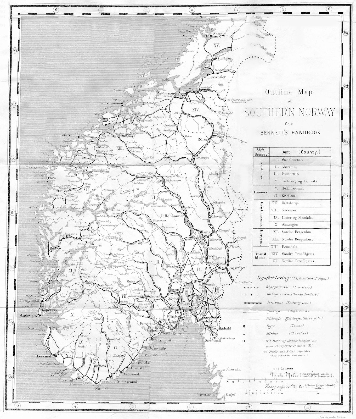 SOUTHERN NORWAY showing railways & Rideveje Fjeldveje (horse paths) 1896 map